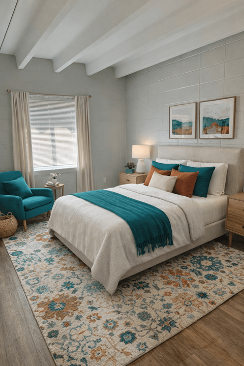 A bedroom with a large bed, a blue chair, and a rug.