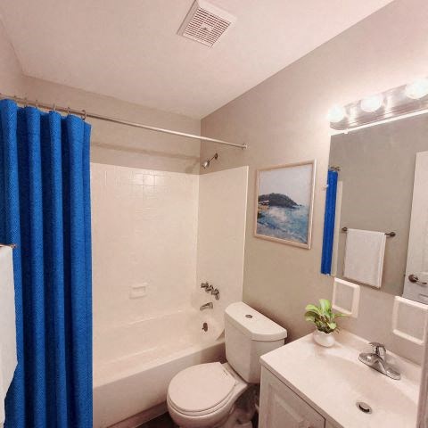 Bathroom with a bathtub, toilet, mirror, vanity lights, and a sink with white countertops.  