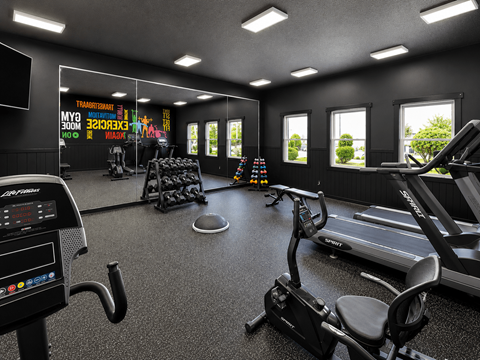 A gym with a treadmill, exercise bike, and other equipment.