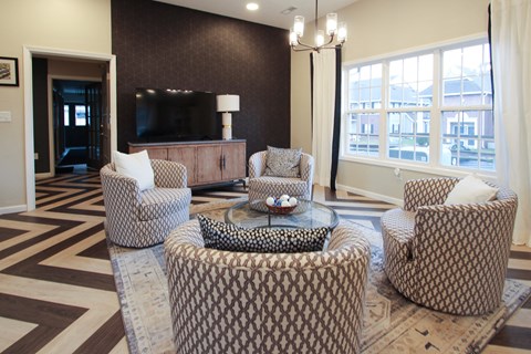 a living room with couches and chairs and a television