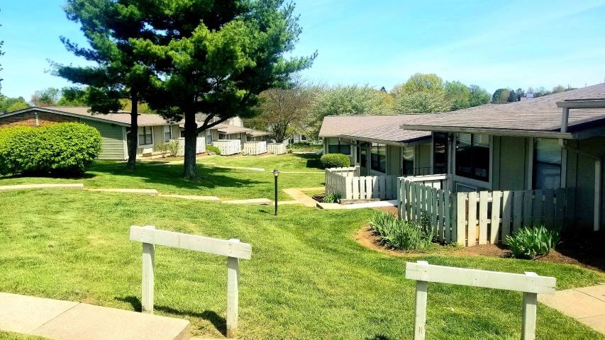 a group of houses in a neighborhood with grass and trees