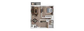 A floor plan of a small apartment with a kitchen, living room, and bathroom.
