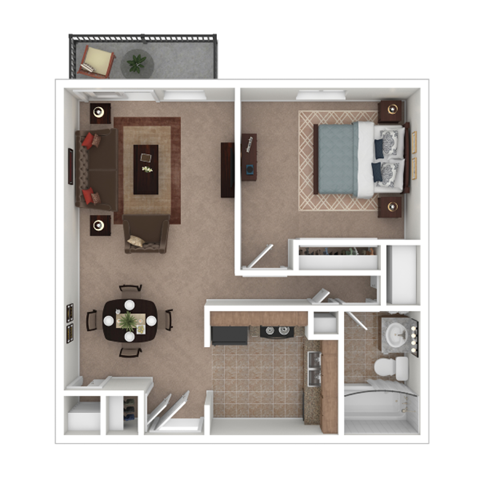 A floor plan of a small apartment with a kitchen, living room, and bathroom.