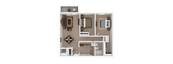 A 3D floor plan of a small apartment with a kitchen, living room, and bathroom.