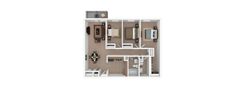 A top-down view of a small apartment layout with a kitchen, living room, and bathroom.