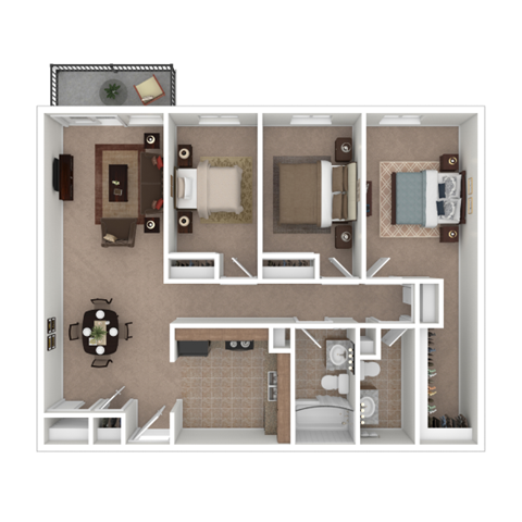 A top-down view of a small apartment layout with a kitchen, living room, and bathroom.