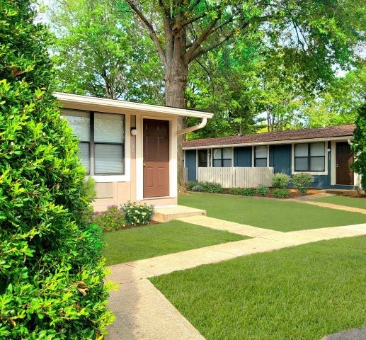 a small house with a lawn and a tree