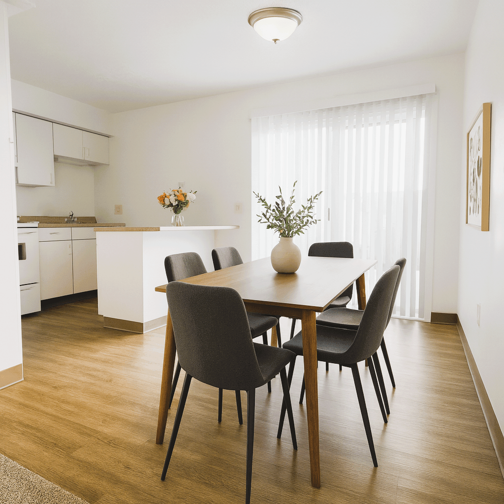 A dining room with a table and chairs.