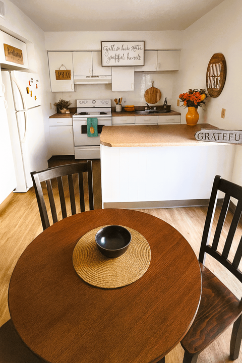 A kitchen with a table and chairs in the foreground and a refrigerator in the background.