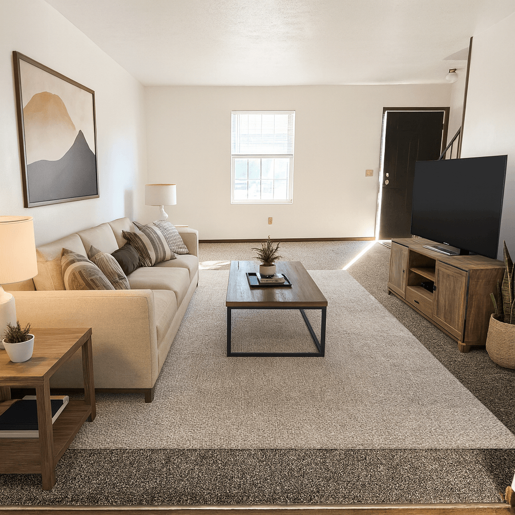 A living room with a couch, coffee table, and a painting on the wall.