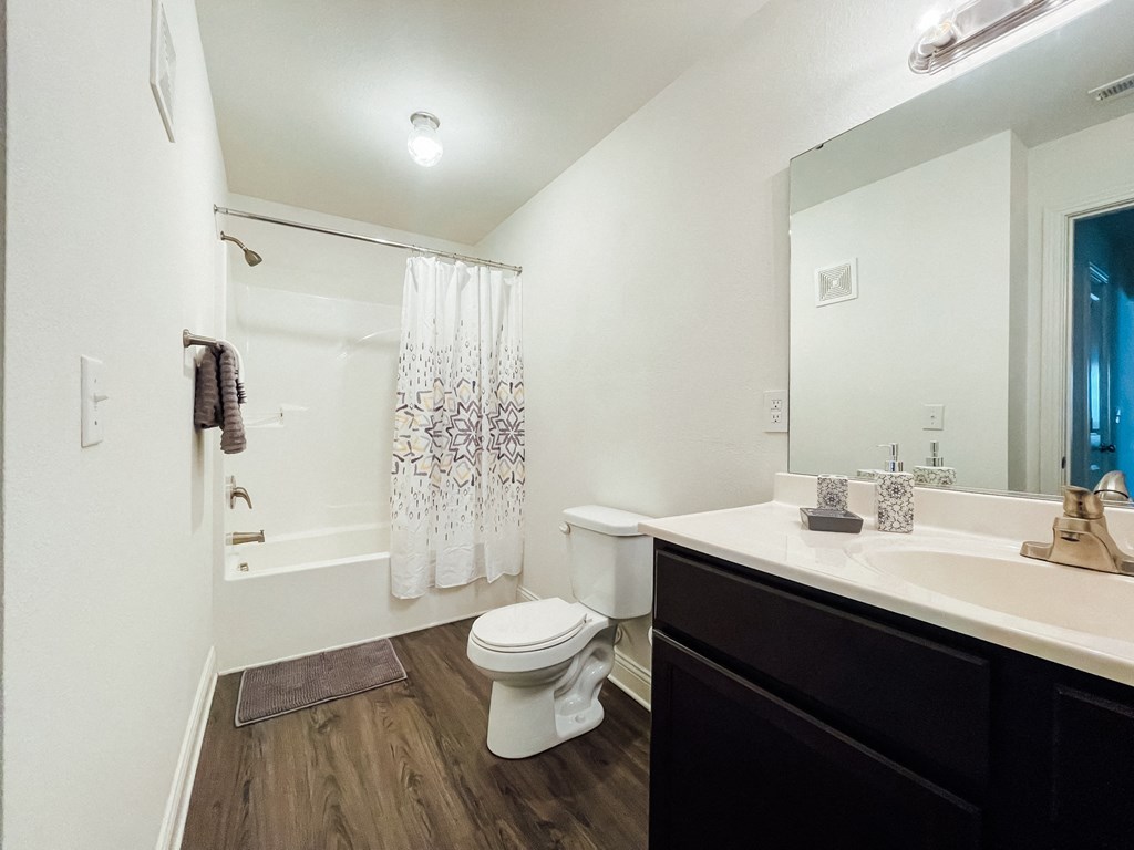 a bathroom with a shower toilet and sink and a mirror