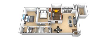 a 3d floor plan of a 2 bedroom with a living room and a dining room