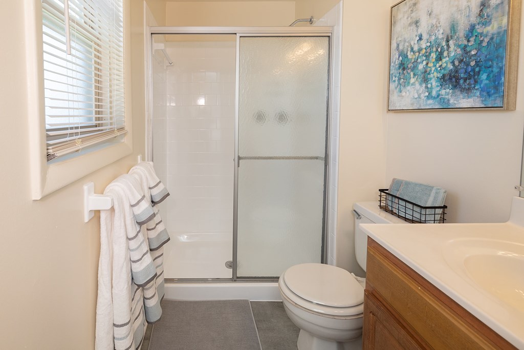 Bathroom with toilet, sink with cabinets and stand-alone shower A bathroom with a toilet, sink, and shower. at Walnut Grove Townhomes*, Maryland