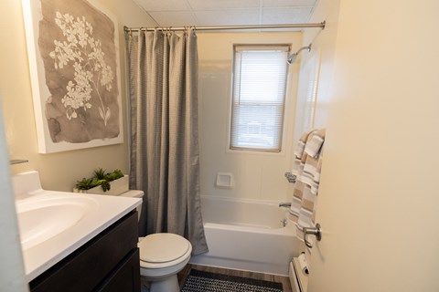 Bathroom with a shower, toilet and sink  at Loch Bend Apartments, Baltimore, MD, 21234.