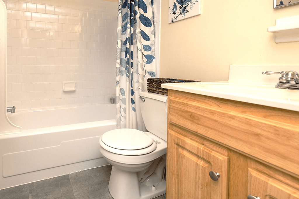 A white toilet sits next to a bathtub in a bathroom.