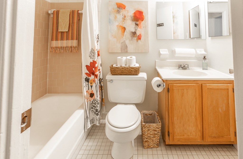 a white bathroom with orange flowers on the shower curtain at Lawyers Hill Apartments, Elkridge, 21075