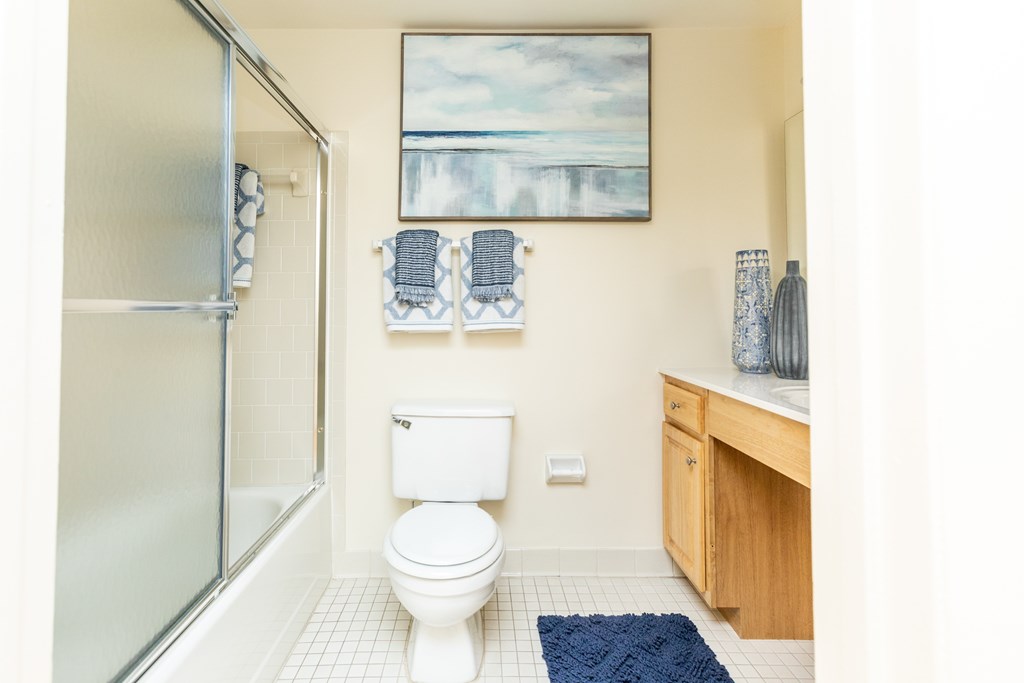 A bathroom with a toilet, sink, and shower at Spring Hill Apartments & Townhomes, Baltimore