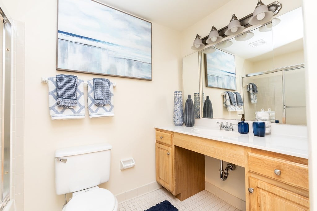 A white toilet sits next to a sink in a bathroom at Spring Hill Apartments & Townhomes, Baltimore