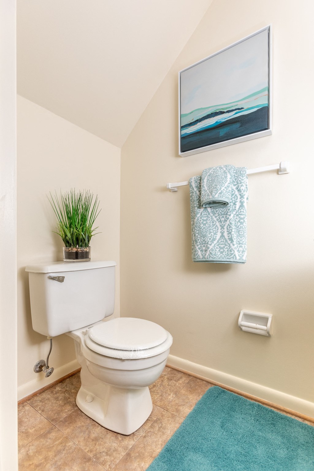A white toilet with a plant on top of the tank and a towel rack with a towel hanging on it at Spring Hill Apartments & Townhomes, Baltimore