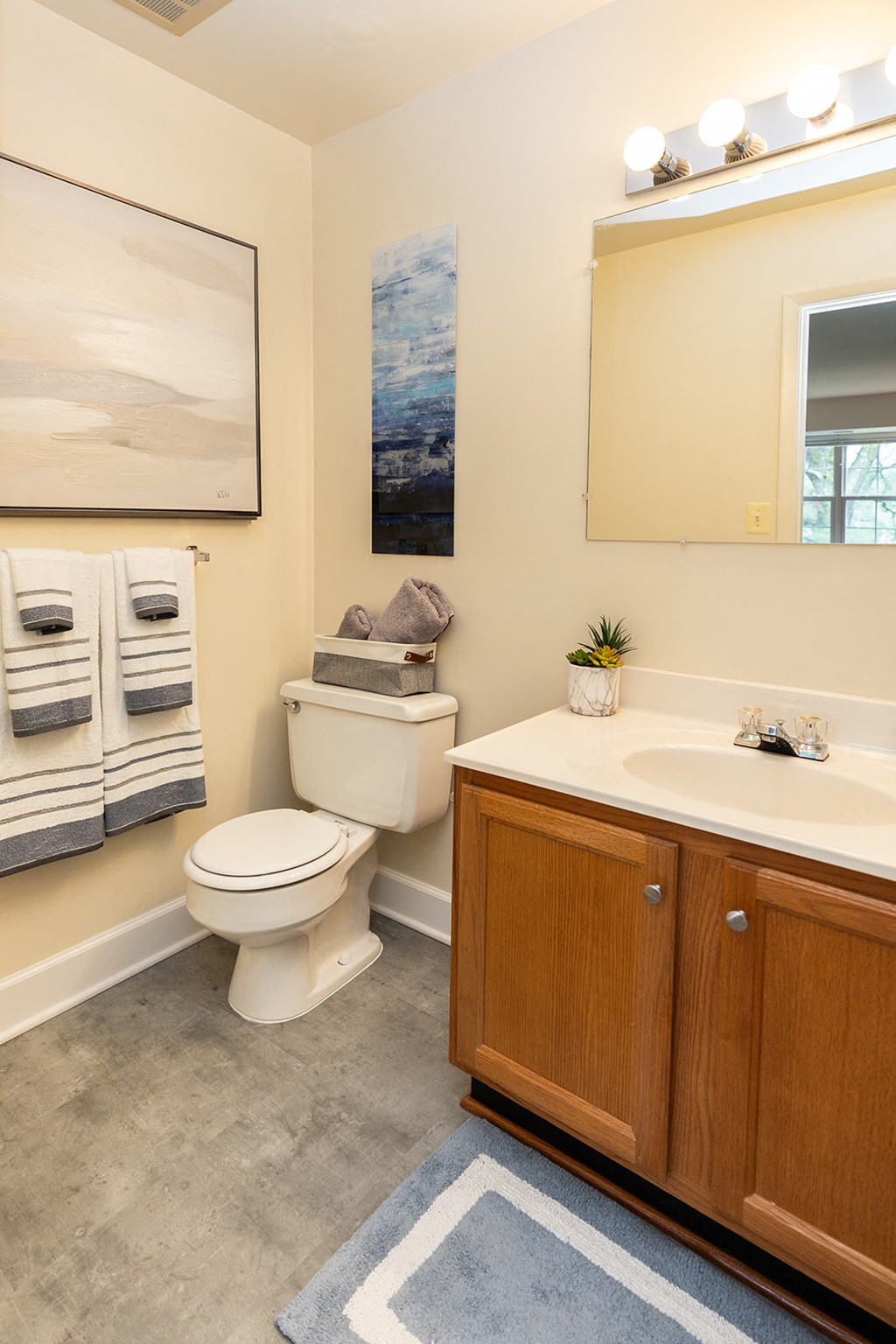 Guest bathroom with a toilet sink, and mirror at Woodridge Apartments in Randallstown, MD 21133.
