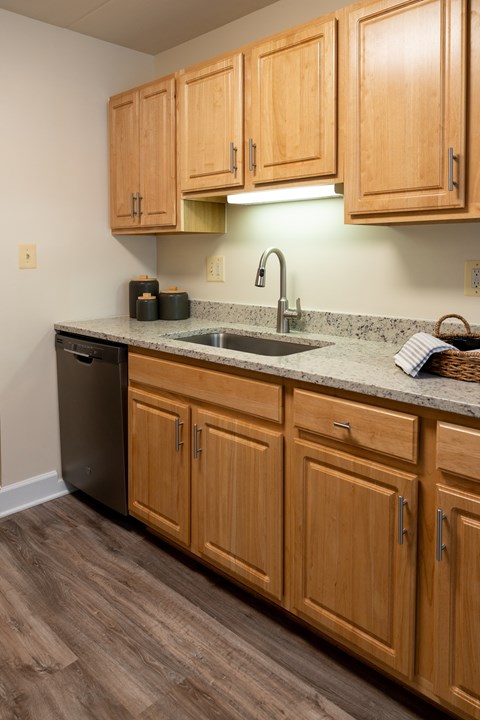 A kitchen with wooden cabinets and a granite countertop  at Ivy Hall Apartments*, Maryland, 21204