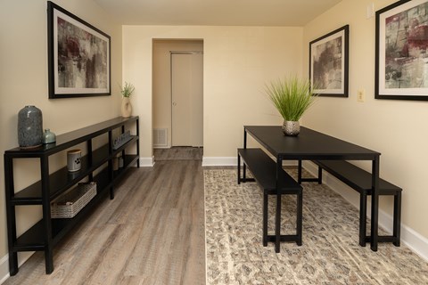 A black table with a plant on it sits in the middle of a room with a wooden floor and a carpet.at Hyde Park Apartments*, Maryland