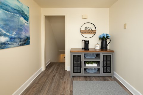 Coffee bar in the kitchen showing door to basement