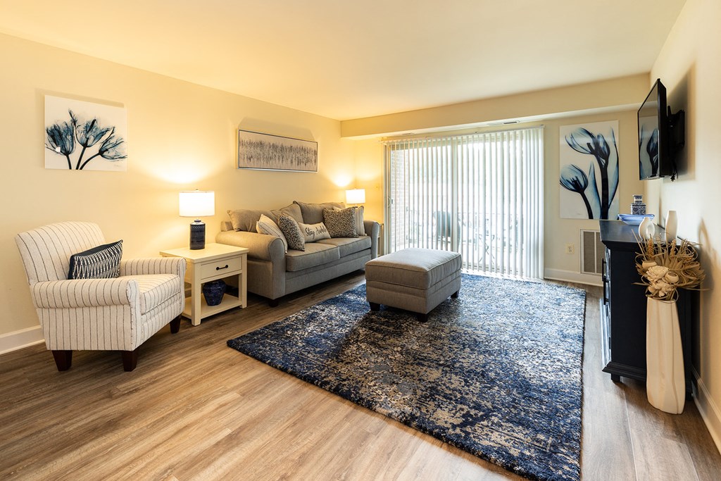 Living room with a couch, a chair, a rug, and décor in Randallstown, MD 21133.