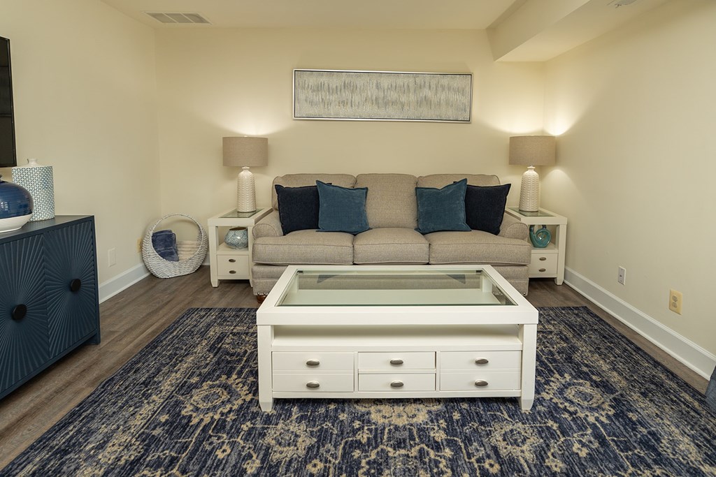 A living room with a couch, a coffee table, and a rug at The Brittany Apartments, Pikesville, MD, 21208