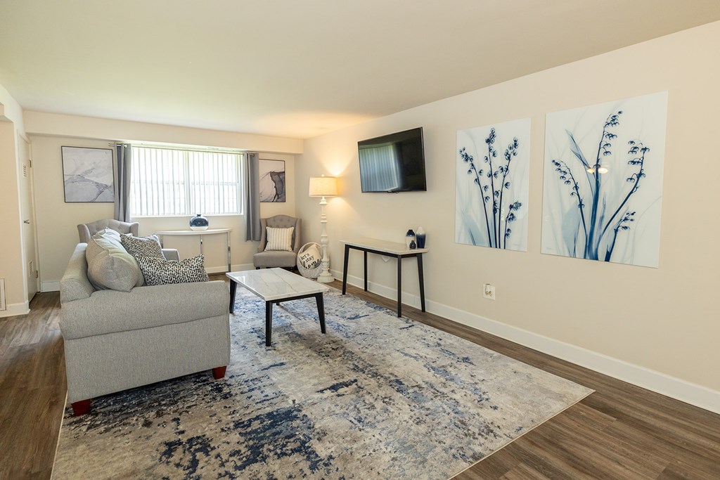 A living room with a brown couch and a television.