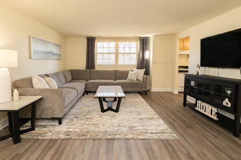 A living room with a grey couch and a coffee table.