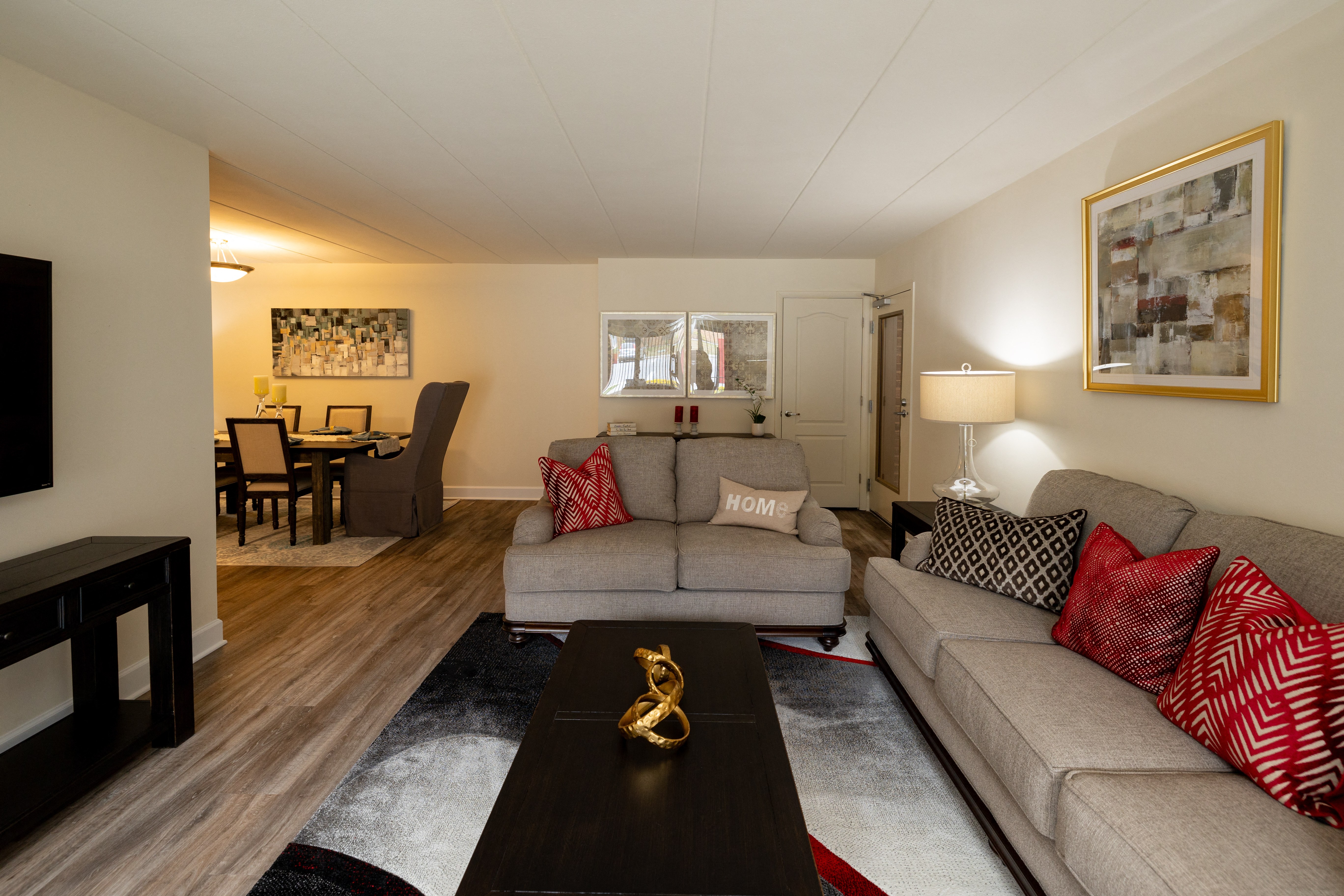 a living room with two couches and a coffee table