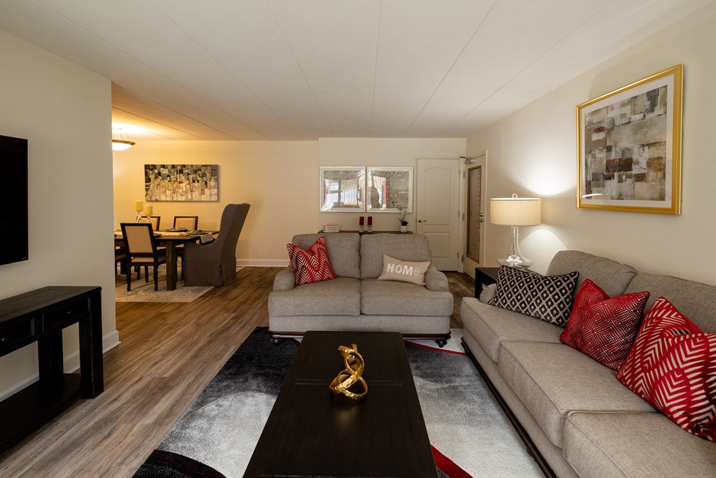 Living room with two couches and a coffee table at Ivy Hall Apartments*, Towson, Maryland.