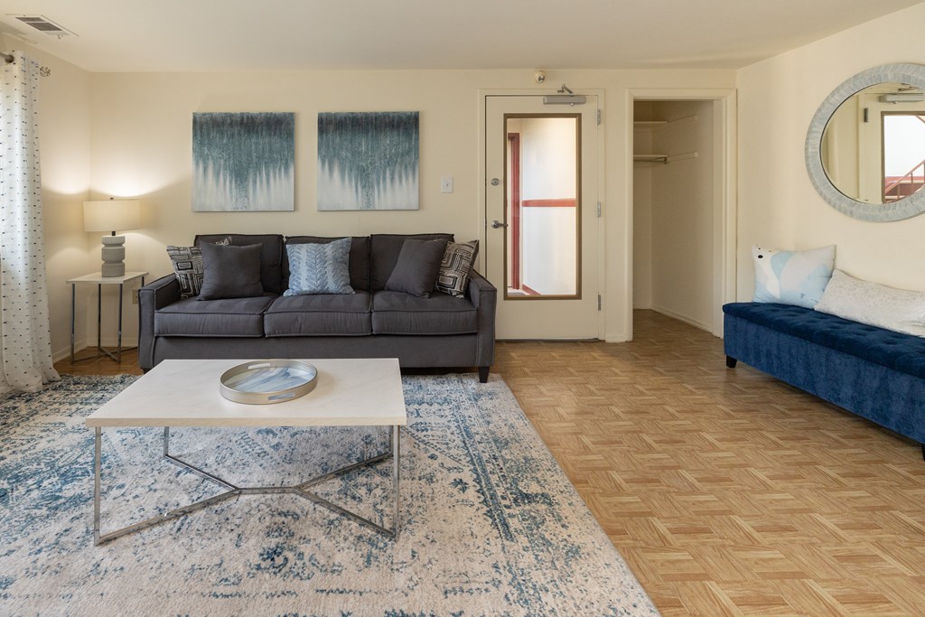 A living room with a grey couch, a white coffee table, and a blue rug at Winston Apartments, Baltimore, Maryland