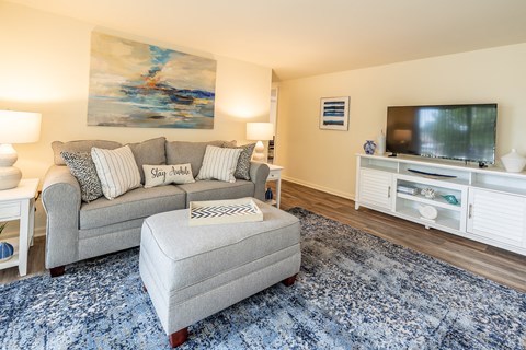 A living room with a grey couch, a grey ottoman, a television, and a painting on the wall.