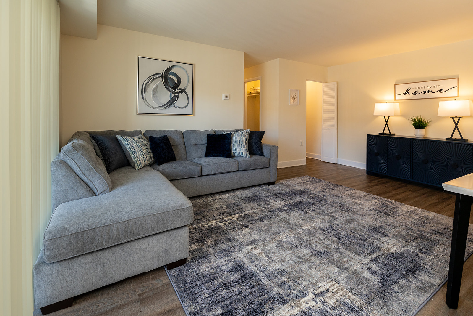 A living room with a grey couch and a rug.