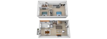 2 bedroom 1 bathroom 3D floor plan at McDonogh Village Apartments & Townhomes, Randallstown, Maryland