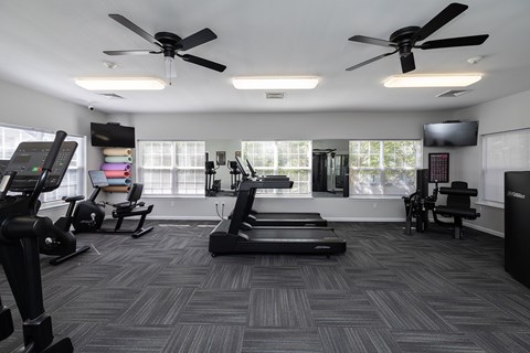 A spacious gym with treadmills, elliptical machines, and a television.