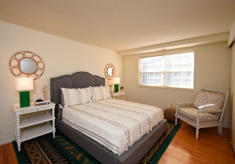 Master bedroom with lots of sunlight and large window at Colony Hill Apartments & Townhomes, Baltimore, MD