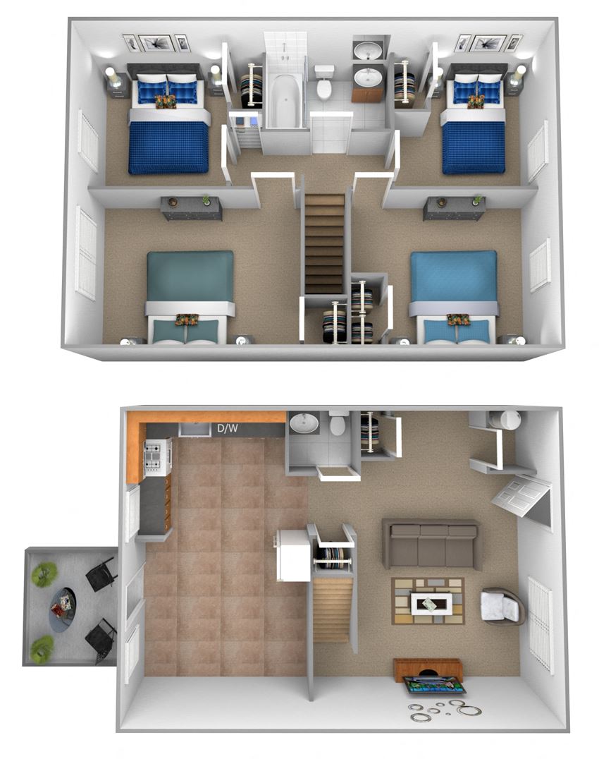 4 bedroom 1.5 bathroom 3D floor plan at Orchards at Severn Townhomes in Severn, MD