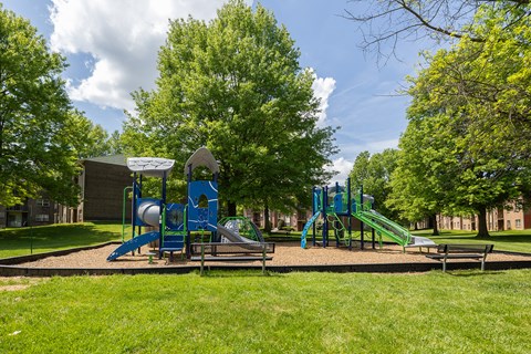 A playground with a blue slide and a green slide.