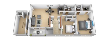 2 bedroom 1.5 bathroom with den 3D floor plan at The Village of Pine Run Apartments in Windsor Mill, MD