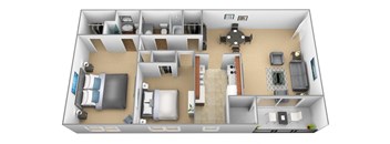2 bedroom 2 bathroom 3D floor plan at The Village of Pine Run Apartments in Windsor Mill, MD