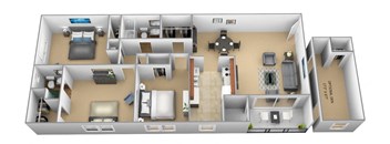 3 bedroom 2 bathroom with den 3D floor plan at The Village of Pine Run Apartments in Windsor Mill, MD