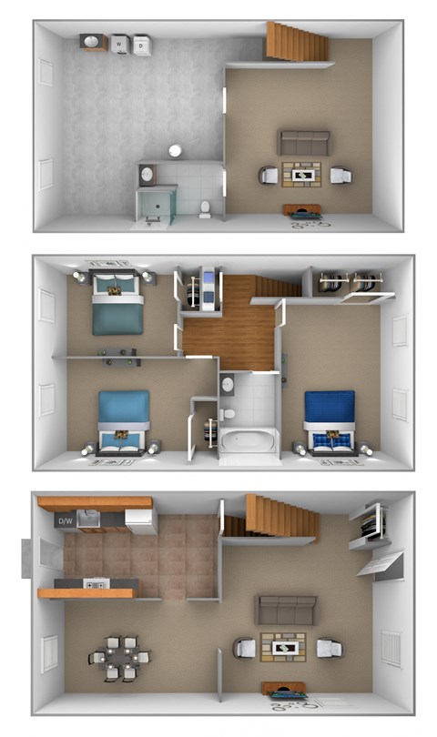 3 bedroom 2 bathroom 3D floor plan at Walnut Grove Townhomes* Apartments, Essex Maryland