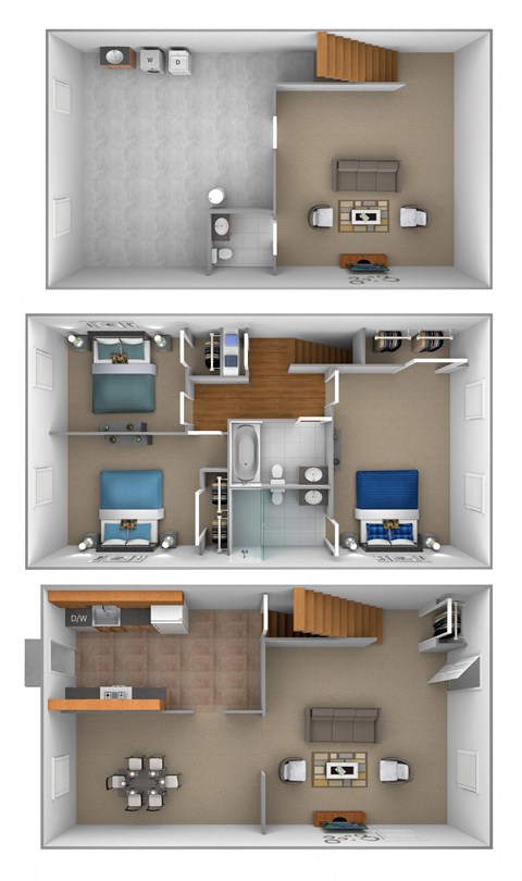 3 bedroom 2.5 bathroom 3D floor plan at Walnut Grove Townhomes* Apartments, Essex