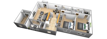 2 bedroom 2 bathroom 3D floor plan at Woodridge Apartments in Randallstown, Maryland