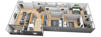 3 bedroom 2 bathroom 3D floor plan at Woodridge Apartments in Randallstown, Maryland