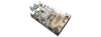 2 bedroom 1 bathroom 3D floor plan at Woodridge Apartments in Randallstown, Maryland