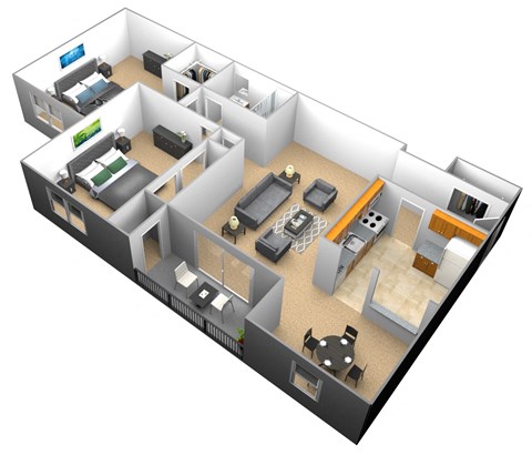 2 bedroom 1 bathroom 3D floor plan at Woodridge Apartments in Randallstown, Maryland